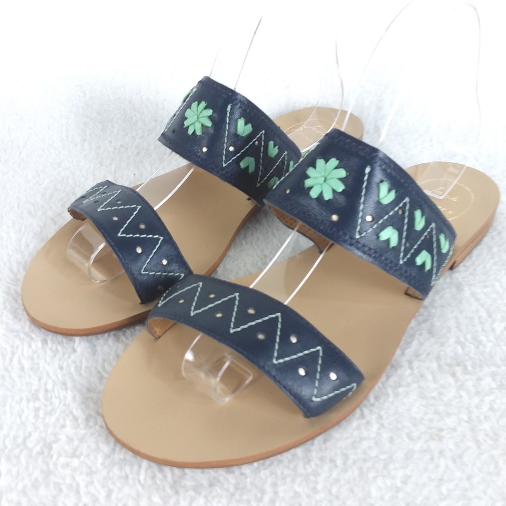 Jack Rogers Adair Navy Leather Embellished Flat Sandals‎ Women Size 9.5M